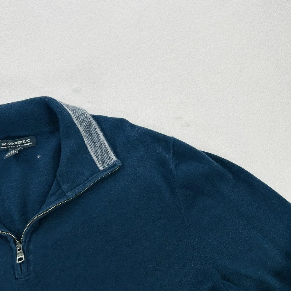 Banana Republic Sweater Mens Medium Blue Mock Neck 1/4 Zip Cotton Cashmere Knit